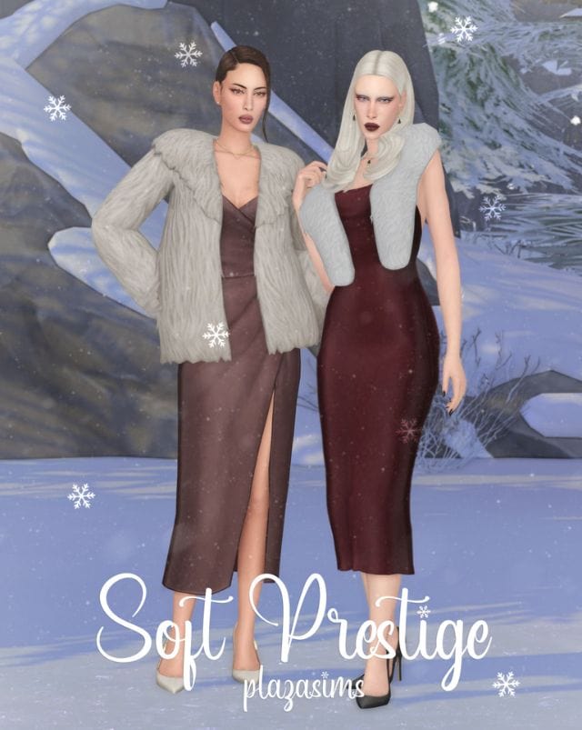 female sims wearing dresses, fur coats and shawl