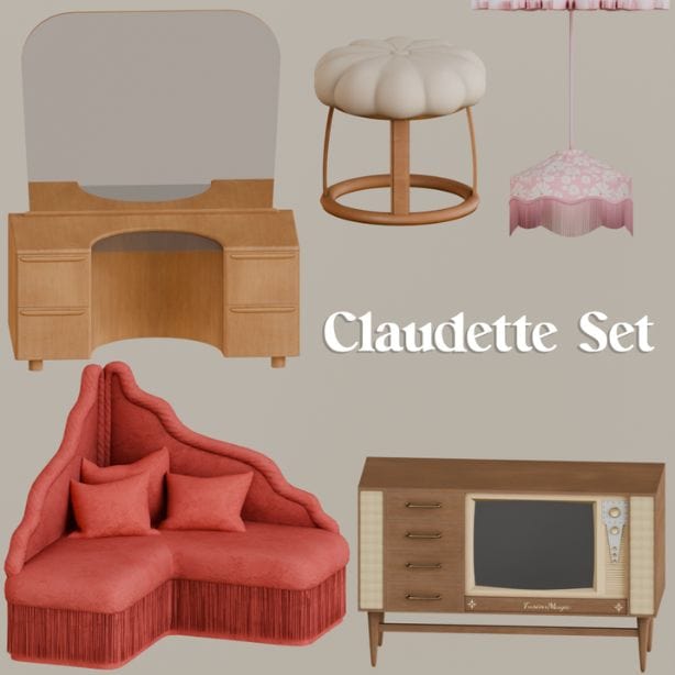a collage of mid-century modern furniture pieces and a light fixture