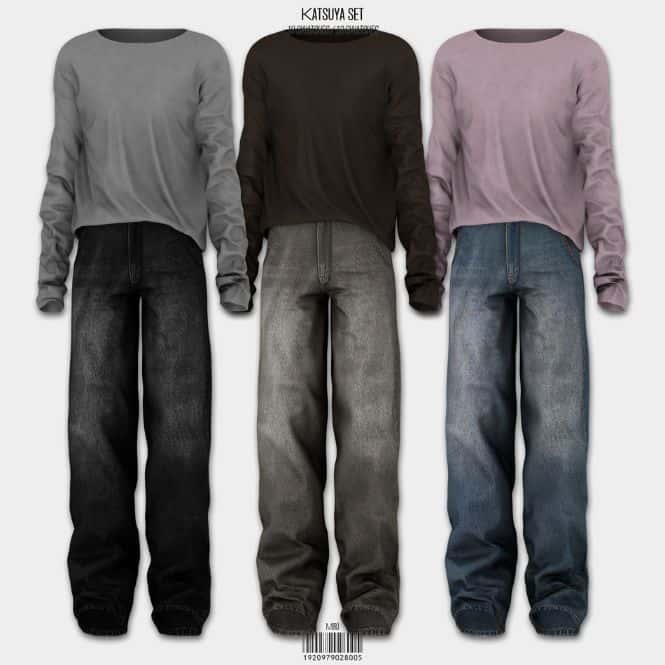 male long sleeve tops and jeans in three color swatches