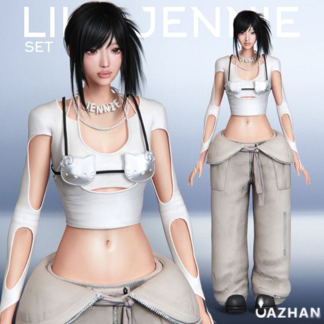 female sim wearing a crop top with bikini top over it with oversized pants