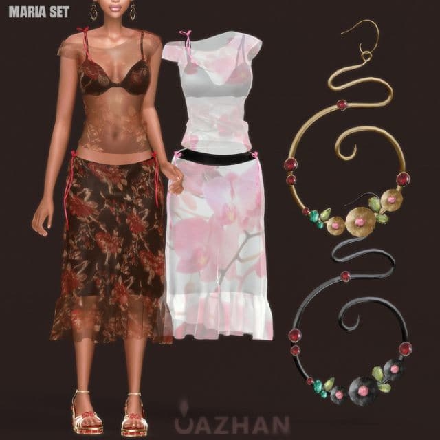 female sim wearing a mesh top and skirt with curled earrings