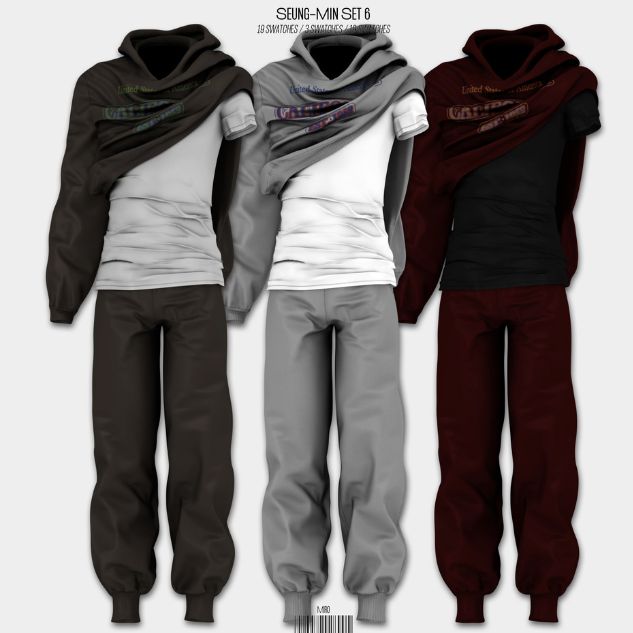 male top, hoodie and pants in 3 color combos