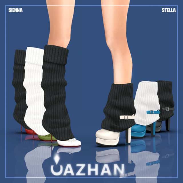 close up of two styles of shoes with legwarmers on top