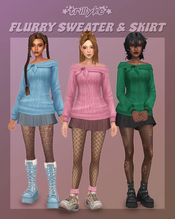 female sims wearing plated mini skirts and long sweaters