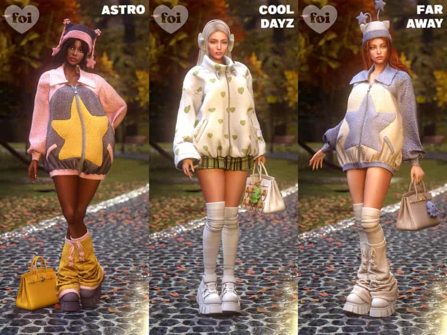 female sims wearing oversized jackets, hats and legwarmers