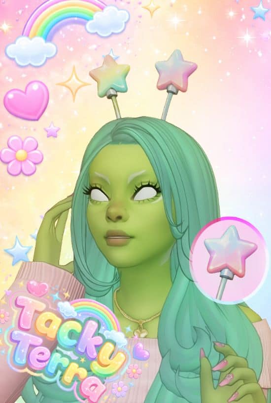 alien sim with white eyes, and colorful star antennas