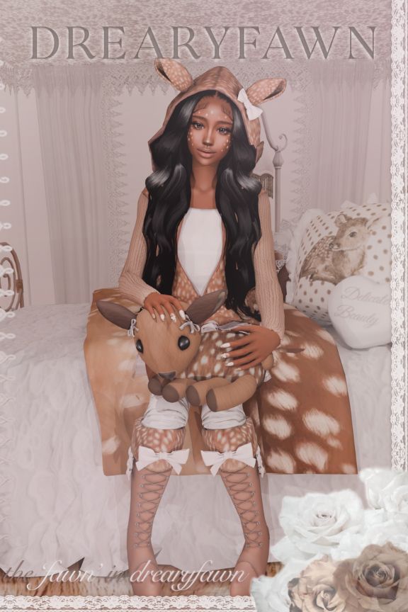 female sim wearing fawn-inspired clothes, boots, nails and holding a fawn plushie
