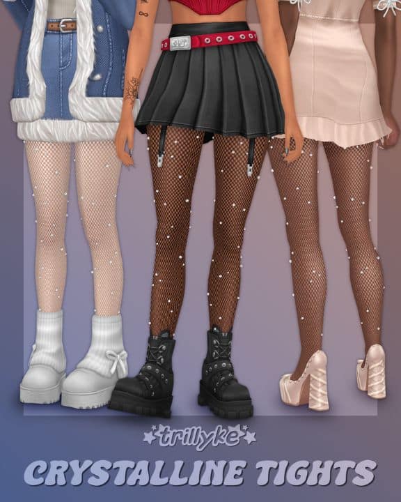 close up of Sims wearing fishnet tights with 3D rhinestones