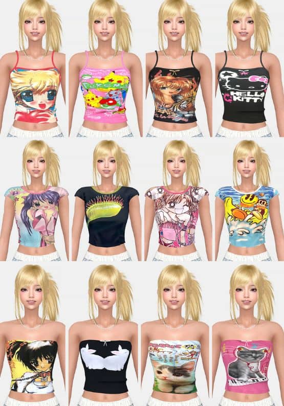 collage of tank tops, baby tees and tube tops with different print designs