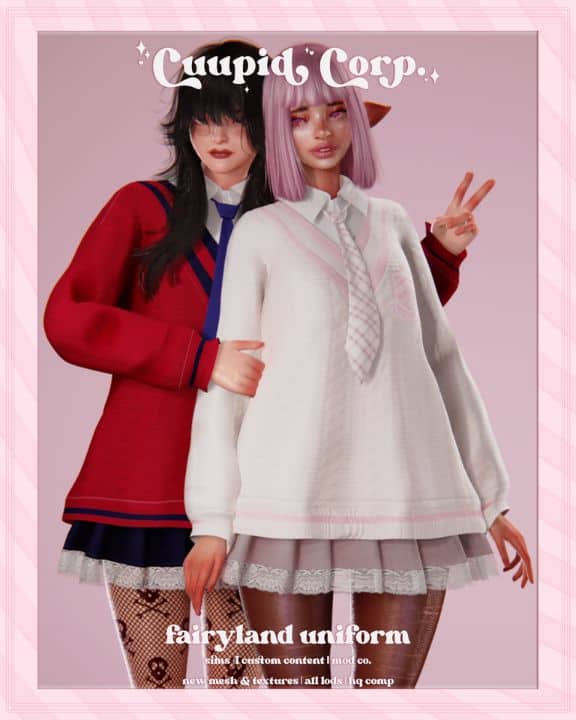 sims wearing a uniform with a loose sweater, tie, and frilly mini skirt