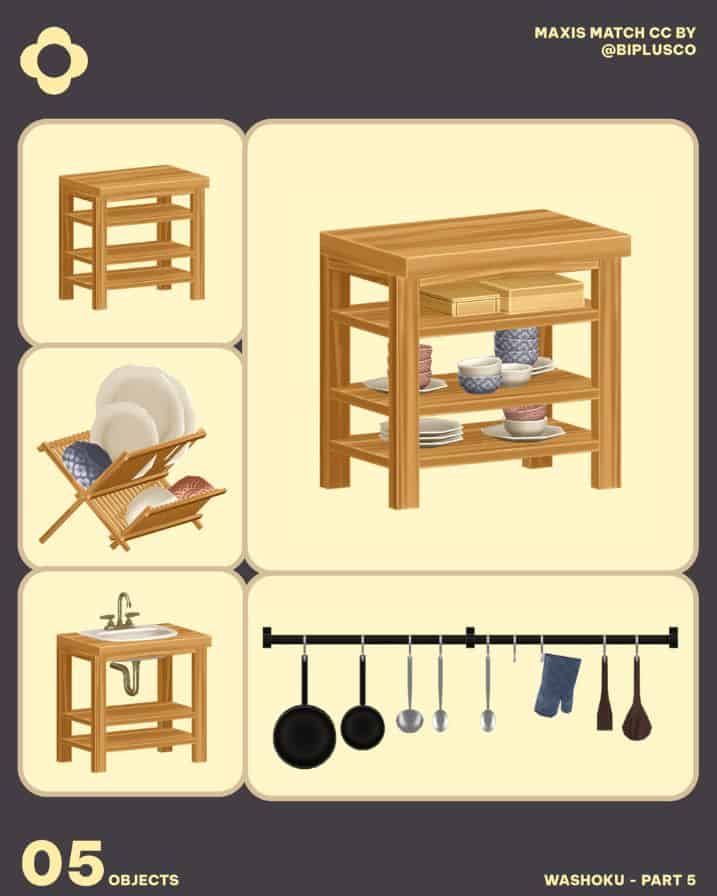 collage of wooden kitchen pieces and pots and pans