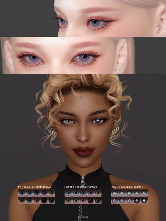 female sims showcasing different styles of non-default eyes with a white inner ring and cloudy, uniquely colored pupils