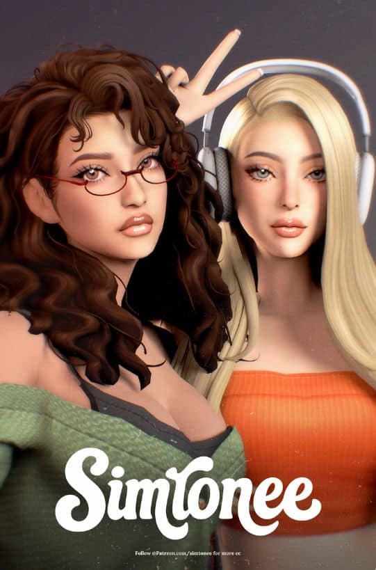 female sim with beige, shiny lipstick