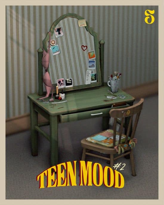 a vanity table, padded chair and self-care clutter pieces