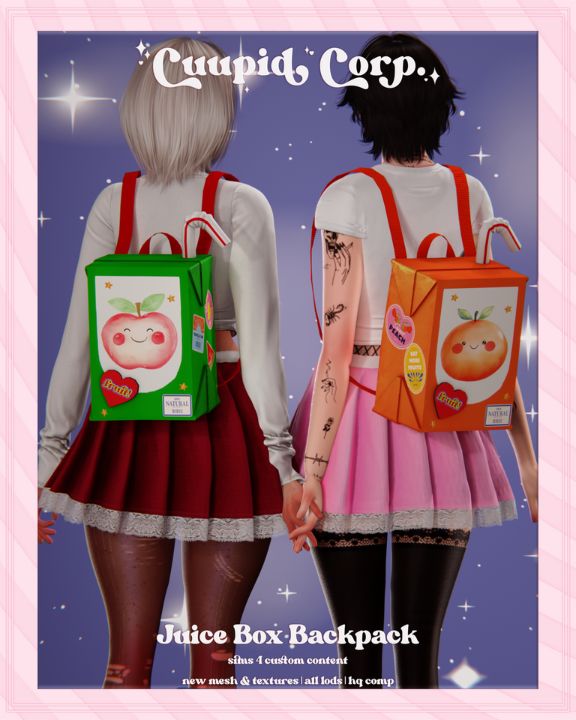 two Sims wearing juice box themed backpacks