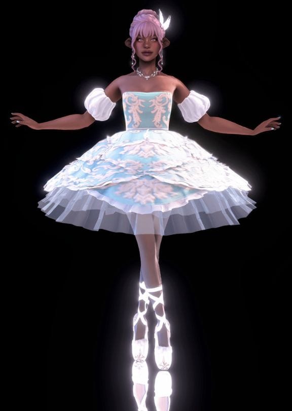 female sim standing on ballet points, wearing a layered ballet dress