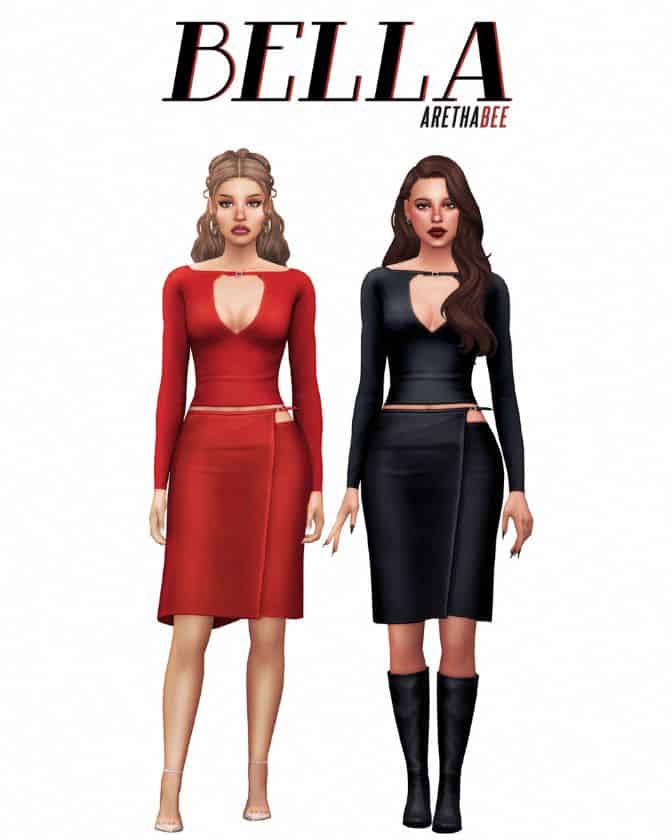female sims wearing matching long sleeve tops with mid-length skirts