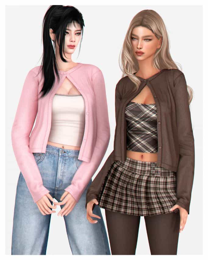 female sim wearing loose cardigans tied with a button at the top