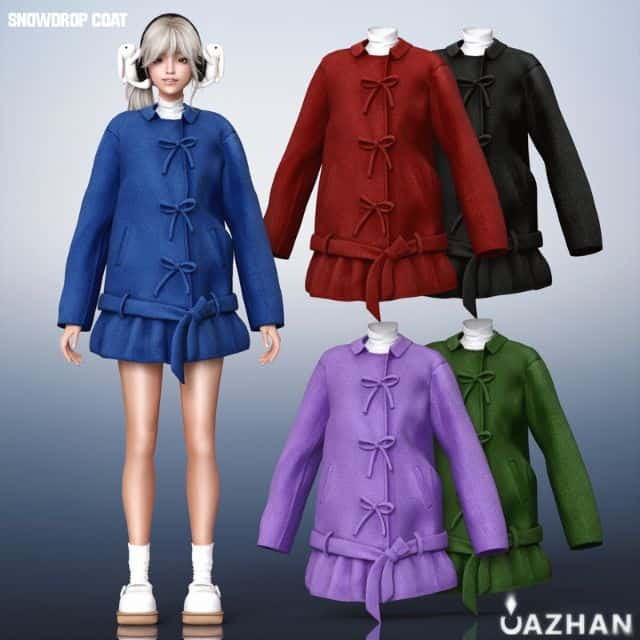 female male wearing a blue coat with front bow closures and more swatches shown on the side