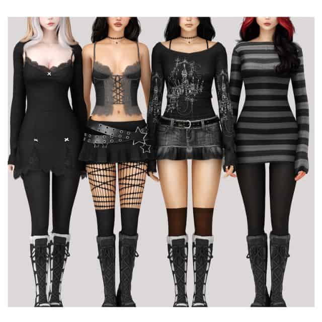 four female sims wearing alternative style clothing