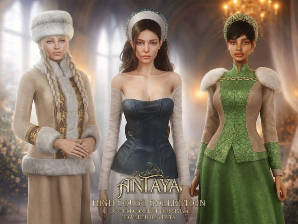 three female Sims wearing winter-themed royal outfits