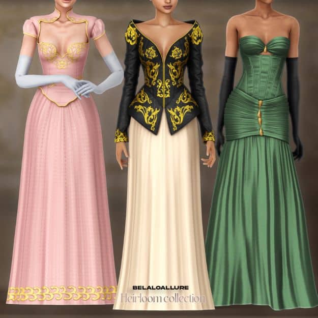 close up of the three female sims modeling stylish royal dresses