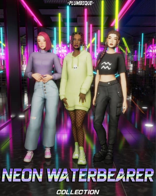 three female Sims wearing casual, clothing with neon elements