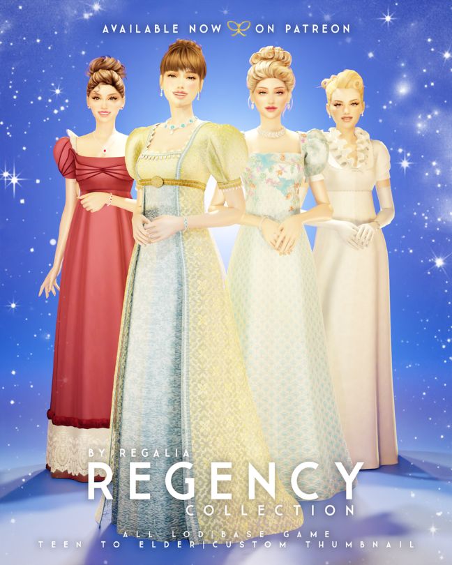 four female sims wearing fashionable Regency-inspired dresses