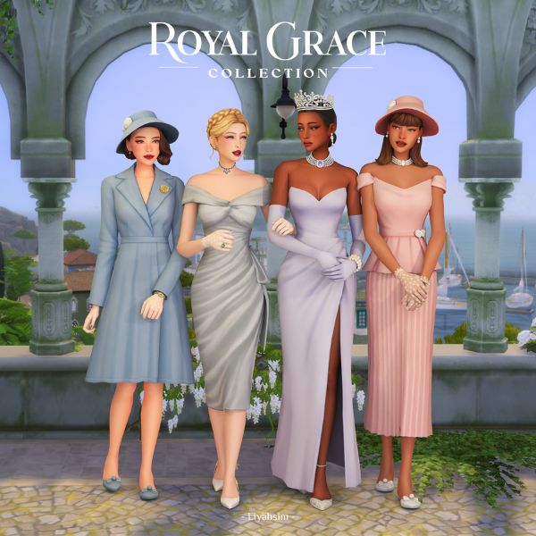royal sims dressed in daytime outfits and evening dresses