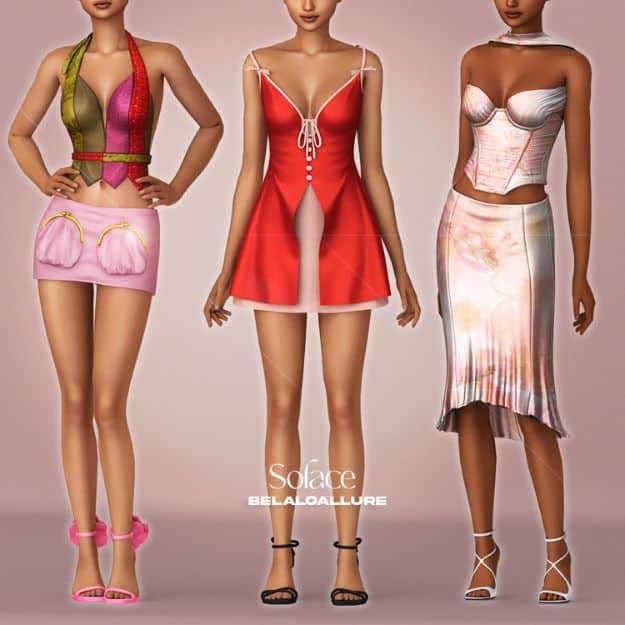 female sims wearing two piece outfits and dresses