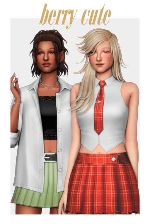 two female Sims wearing tops and pleated skirts