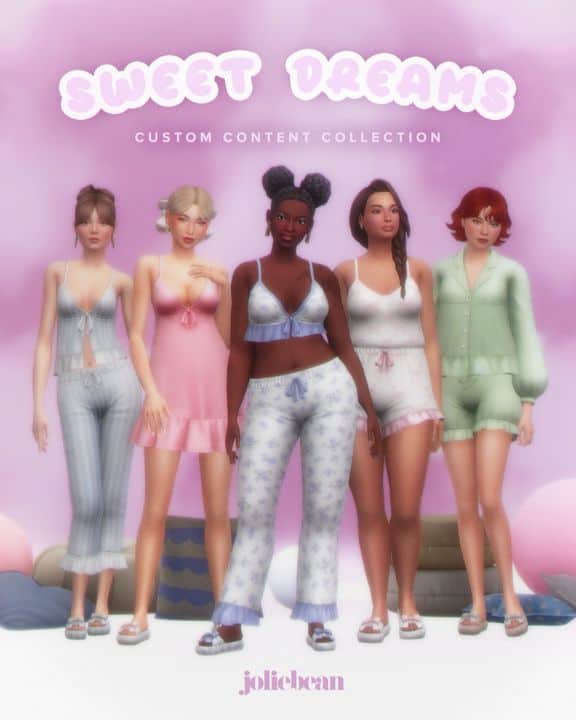 female sims wearing different styles of pajamas