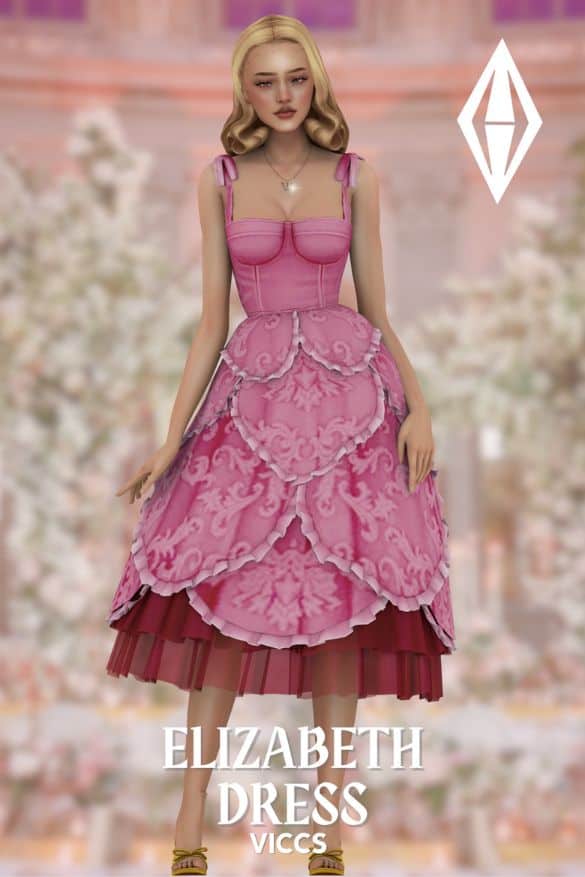 female sim with a pink dress with shoulder ties and scallop panels on the skirt