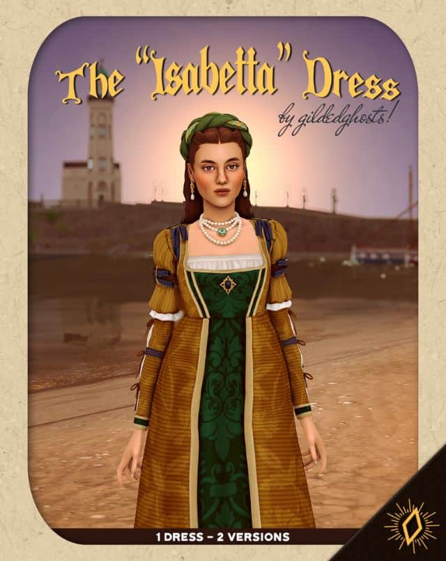 female sim wearing a Renaissance-inspired gown