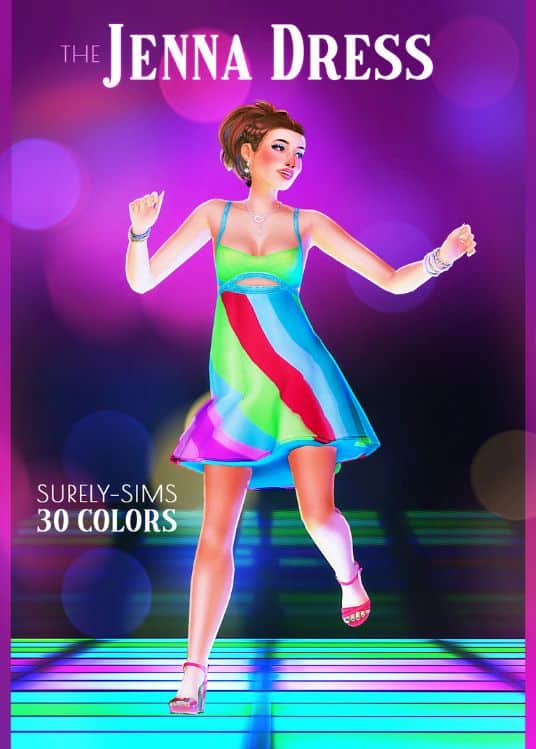 female sim wearing a colorful dress