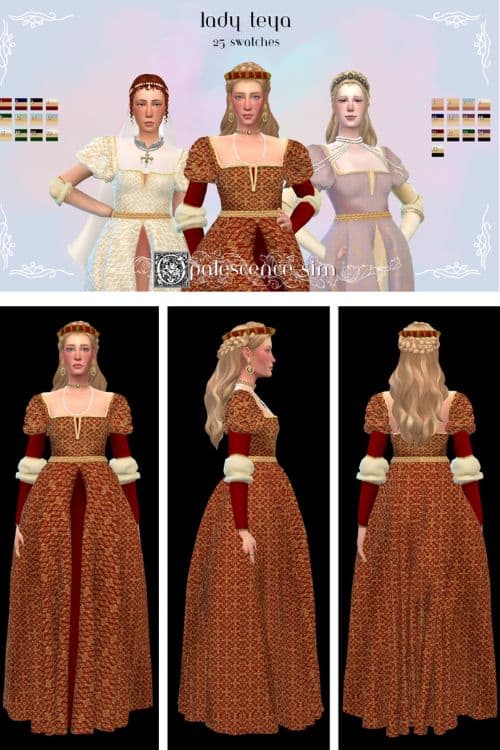 female Sims wearing royal dresses inspired by Catherine of Aragon