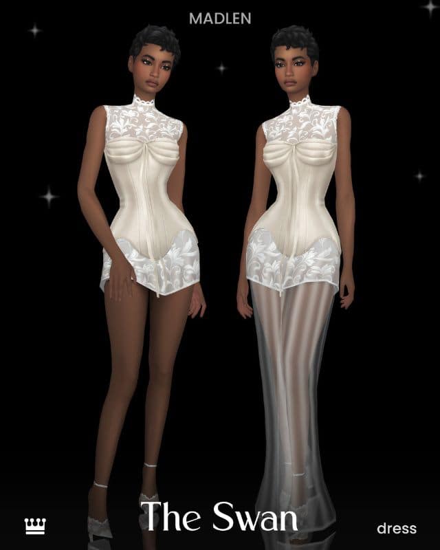 female sims wearing white dresses with corsets