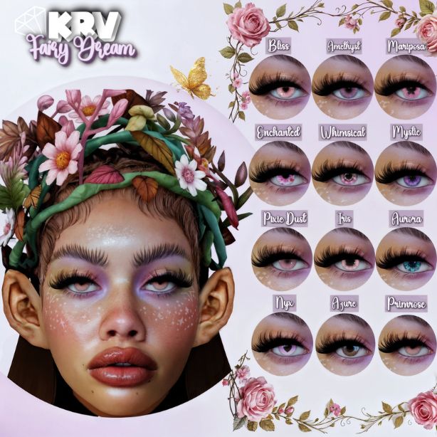 fairy sim and a collage of different eye swatches