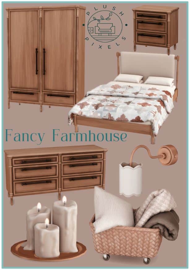 a collage of farmhouse bedroom furniture and decor pieces