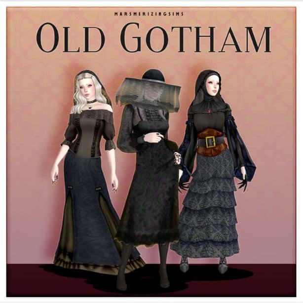 female Sims dressed in goth-inspired outfits