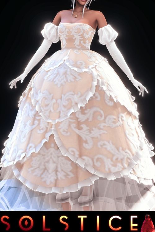 a female Sim wearing a voluminous layered gown with long gloves