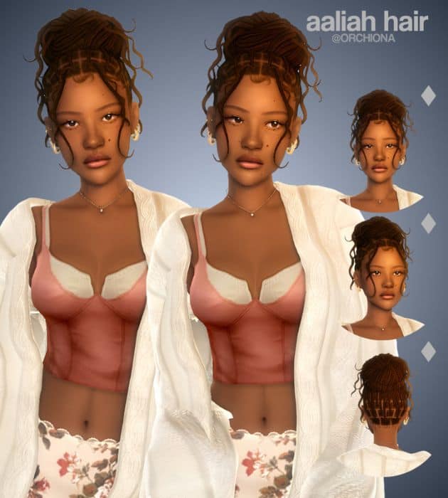 black female Sim with a high bun with loose strands and cornrows at the front