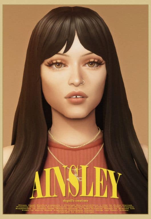 female sim with long brown hair and bangs