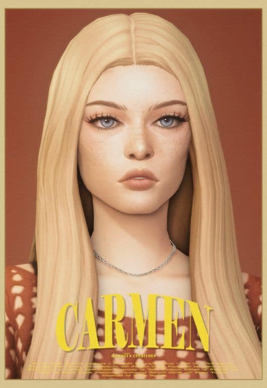 blond female Sim with a middle part and long straight hair