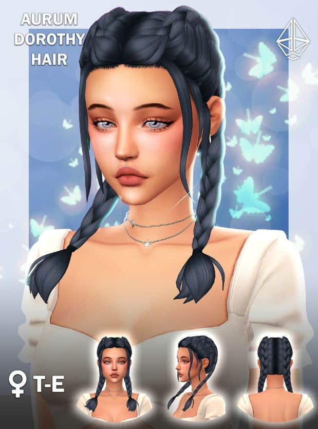 female sim with parted double braids and messy strands