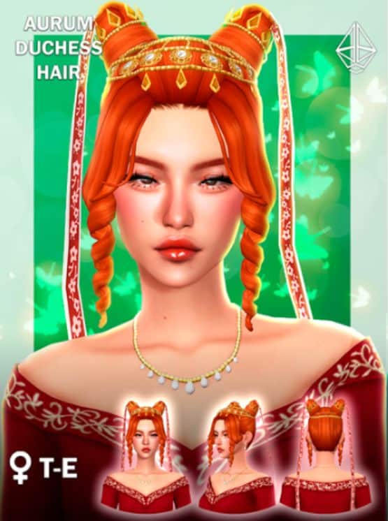 female sim with an updo structured side buns hairstyle and royal headwear