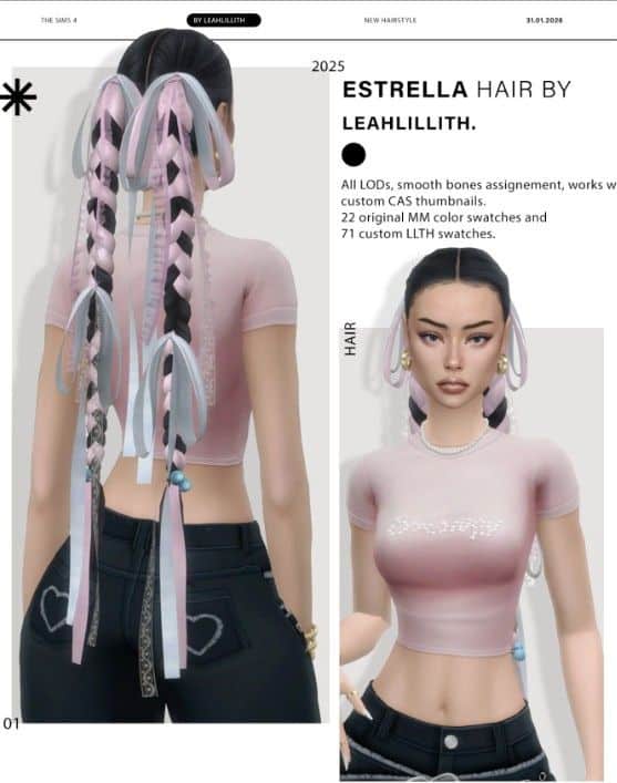 female sim with braided pigtails and ribbons