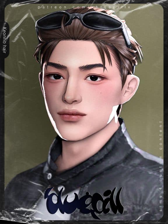 male Sim with a short, layered hairstyle and sunglasses on top