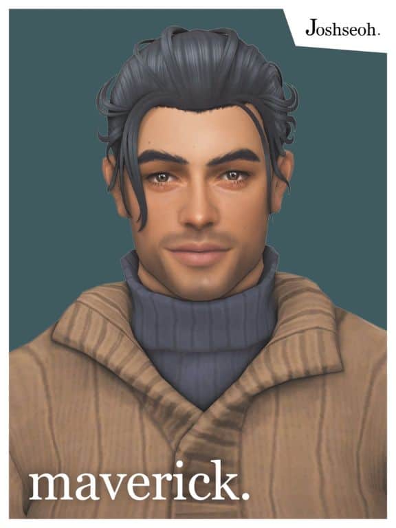 male sim with a combed back bun hairstyle and loose strands