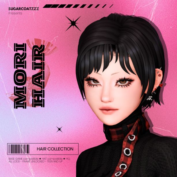 female Sim with short black hair and layered bangs